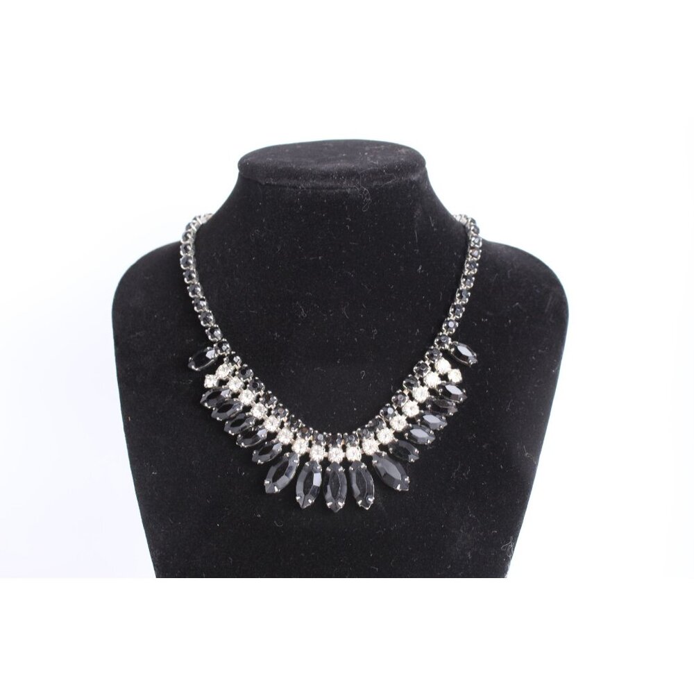 Weiss Rhinestone Necklace, Vintage Black Marquise Fringe, Signed Choker Evening